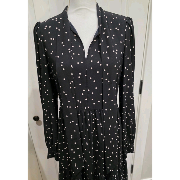 Kate Spade Polka Dot Bow Neck Tie Dress Black Ruffle Hem Long Sleeve Size 6 Bow - Picture 7 of 12